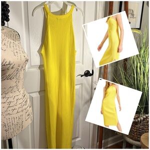 INC International Concepts Ribbed Halter-Neck Bodycon Midi-Dress in Neon Yellow
